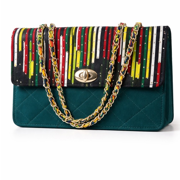 Handbags - Quilted Teal Shoulder Bag with Multicolor Stripe Flap
